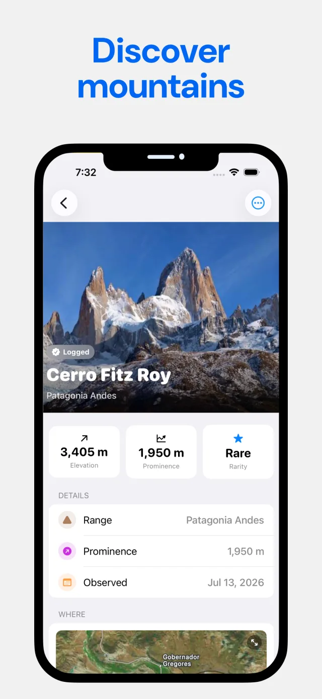 Peak page for Cerro Fitz Roy showing 3,405 m elevation, 1,950 m prominence and a Rare badge