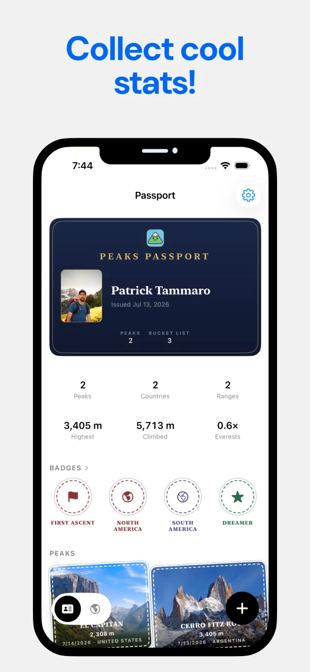 Peaks Passport with peak, country and range counts, highest summit and Everests climbed