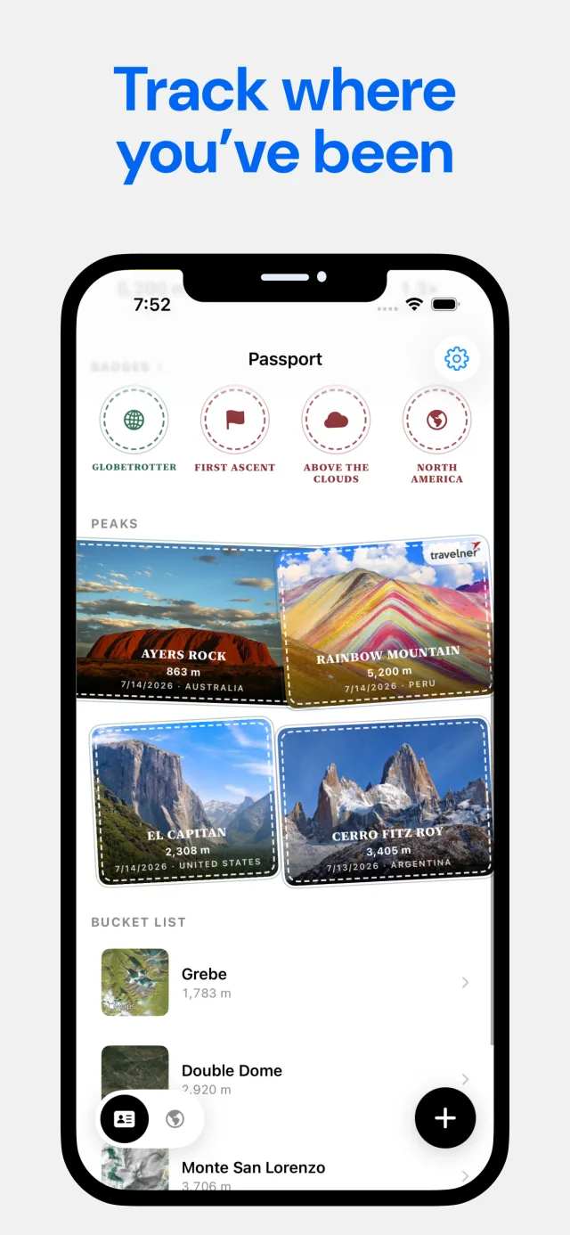 Collection of logged peaks as passport stamps: Uluru, Rainbow Mountain, El Capitan, Fitz Roy