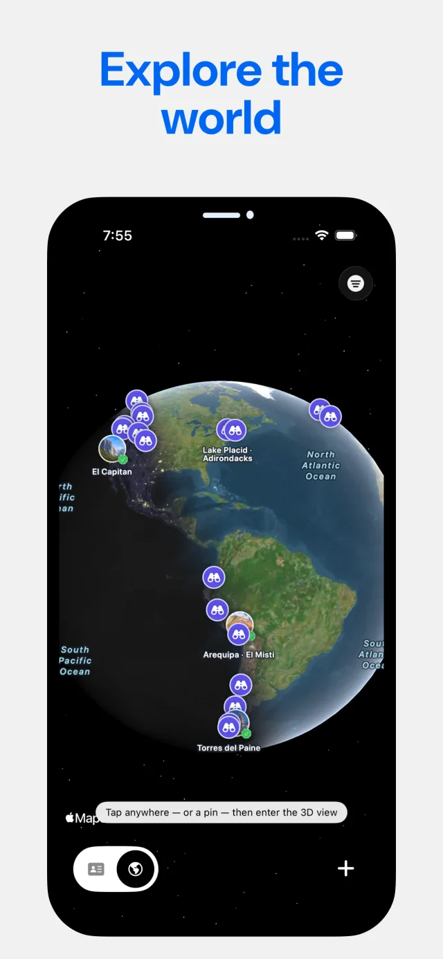 3D globe with mountain viewpoint pins across North and South America