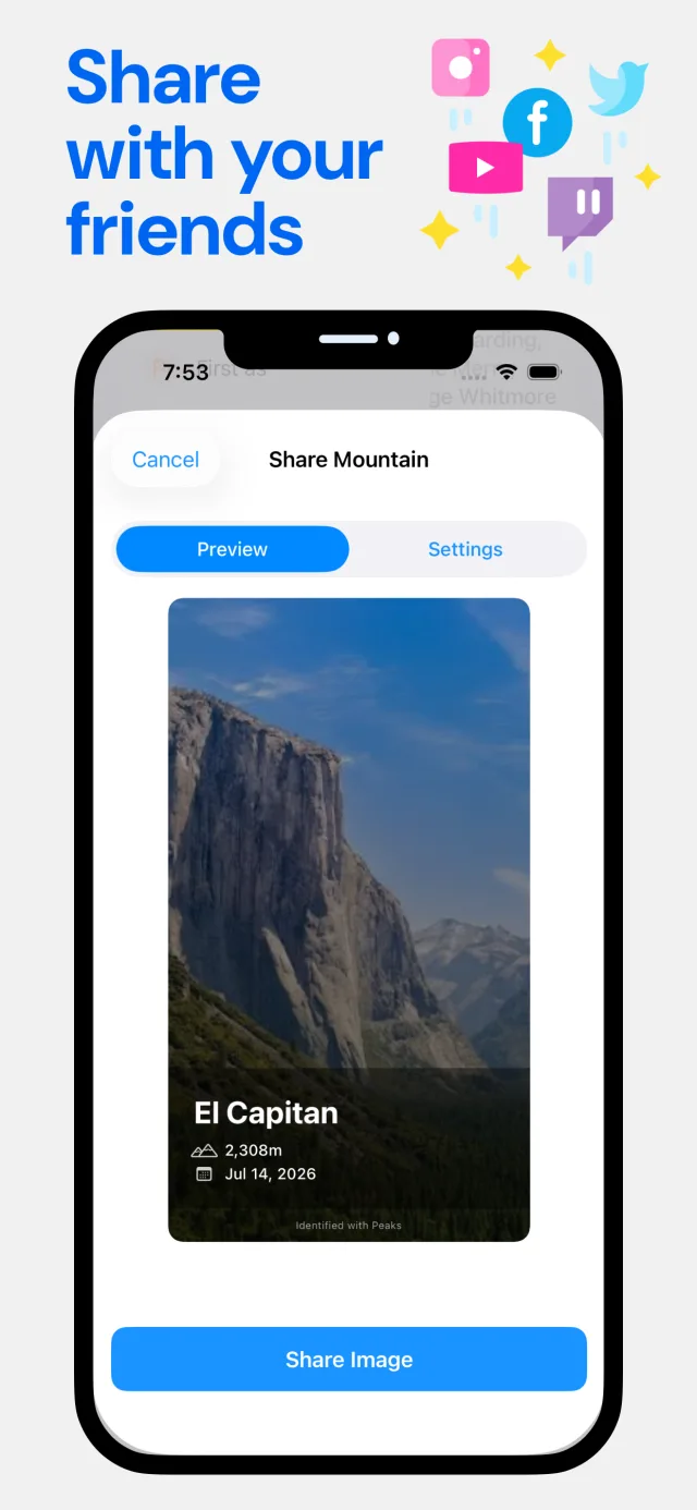 Shareable image card for El Capitan with elevation and date