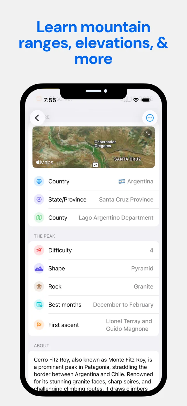 Peak facts for Fitz Roy: country, province, difficulty, rock type and first ascent